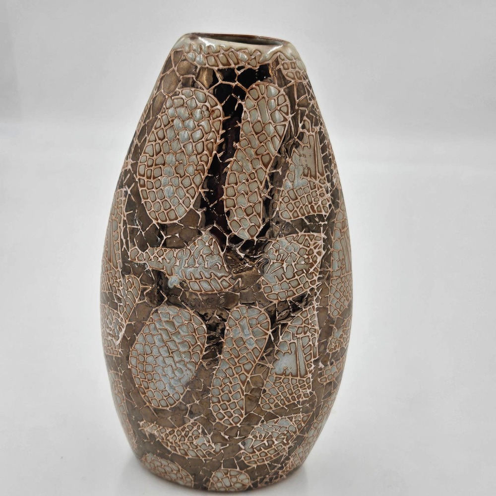 Tan Cream Metallic Gold 11"×6" Oval Ceramic Snakeskin Designed Vase